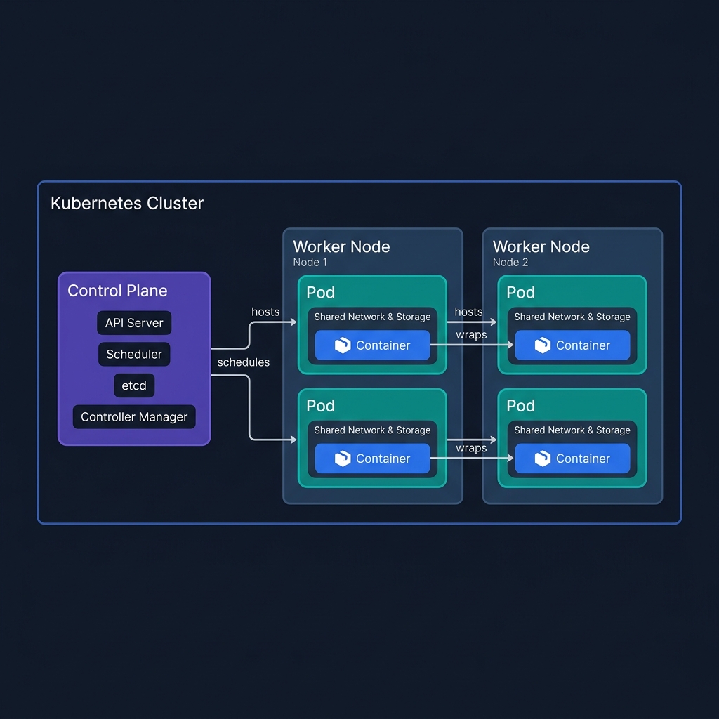 Kubernetes Cluster Architecture — showing the relationship between Control Plane, Worker Nodes, Pods, and Containers